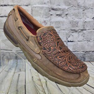 Twisted X Driving Moc Shoes Women’s 8.5 M Tooled Leather Slip-On WDMS018 Brown